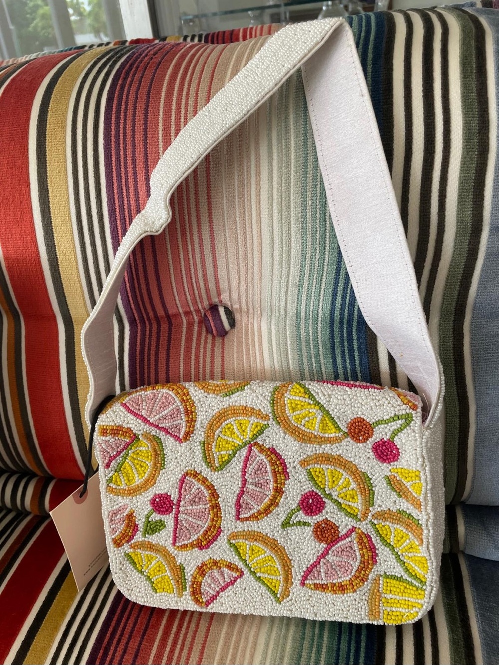 Beaded Citrus Print Shoulder Bag - White/Pink/Yellow - Picture 4 of 5